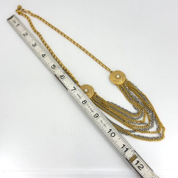 Vintage Multi Strand Festoon Gold Silver Chain Necklace Ornate Discs Hearts - Picture 12 of 14